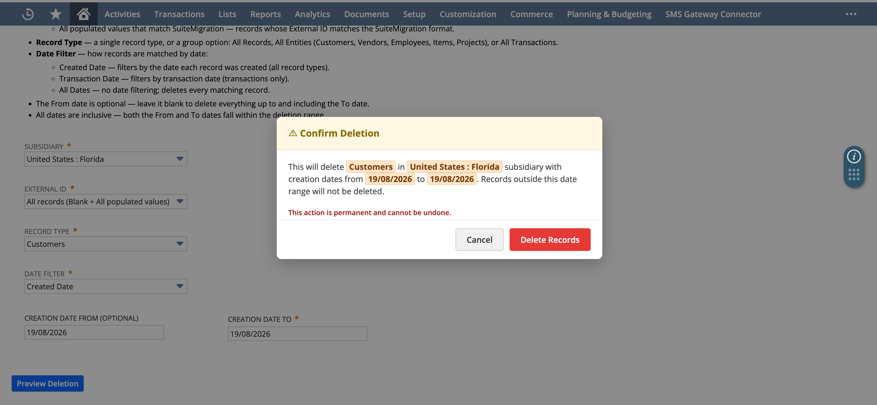 The Confirm Deletion modal summarising what will be deleted