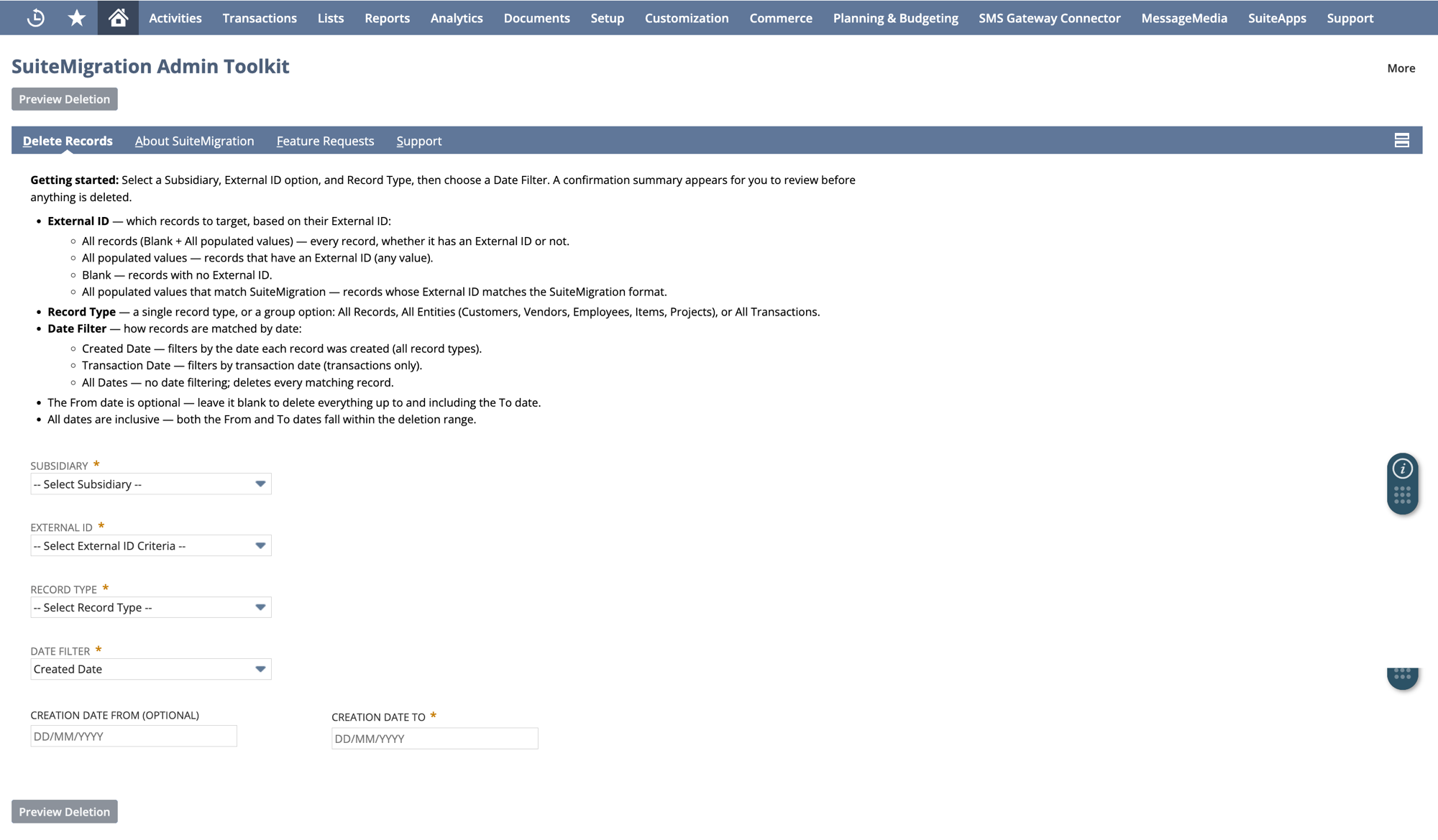 The Delete Records form in the SuiteMigration Admin Toolkit