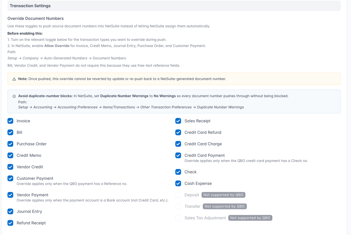 Transaction Settings section of Migration Settings