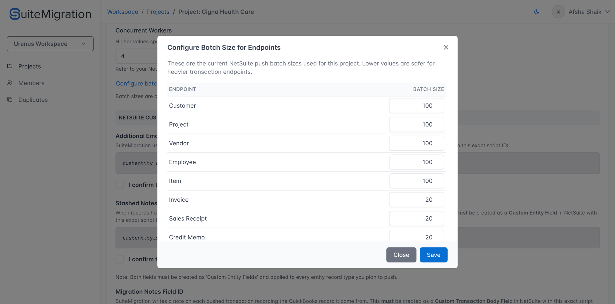 Configure Batch Size for Endpoints modal