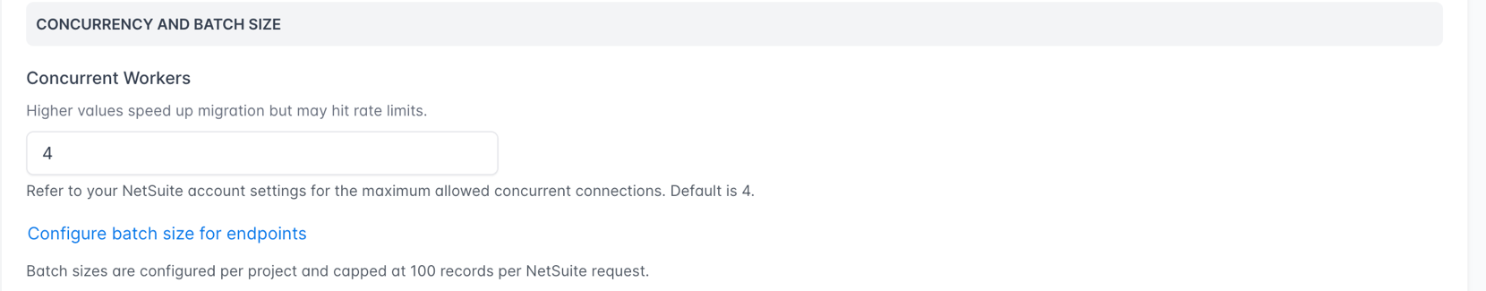 Concurrency and Batch Size section of Project Settings