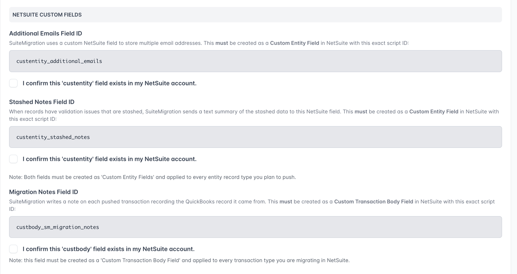 NetSuite Custom Fields section of Project Settings