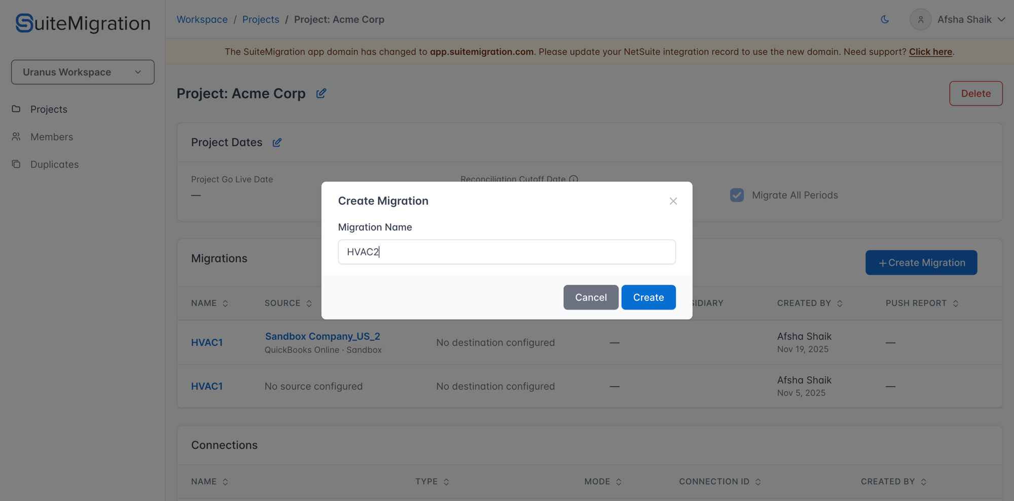 Create Migration modal on the Project page