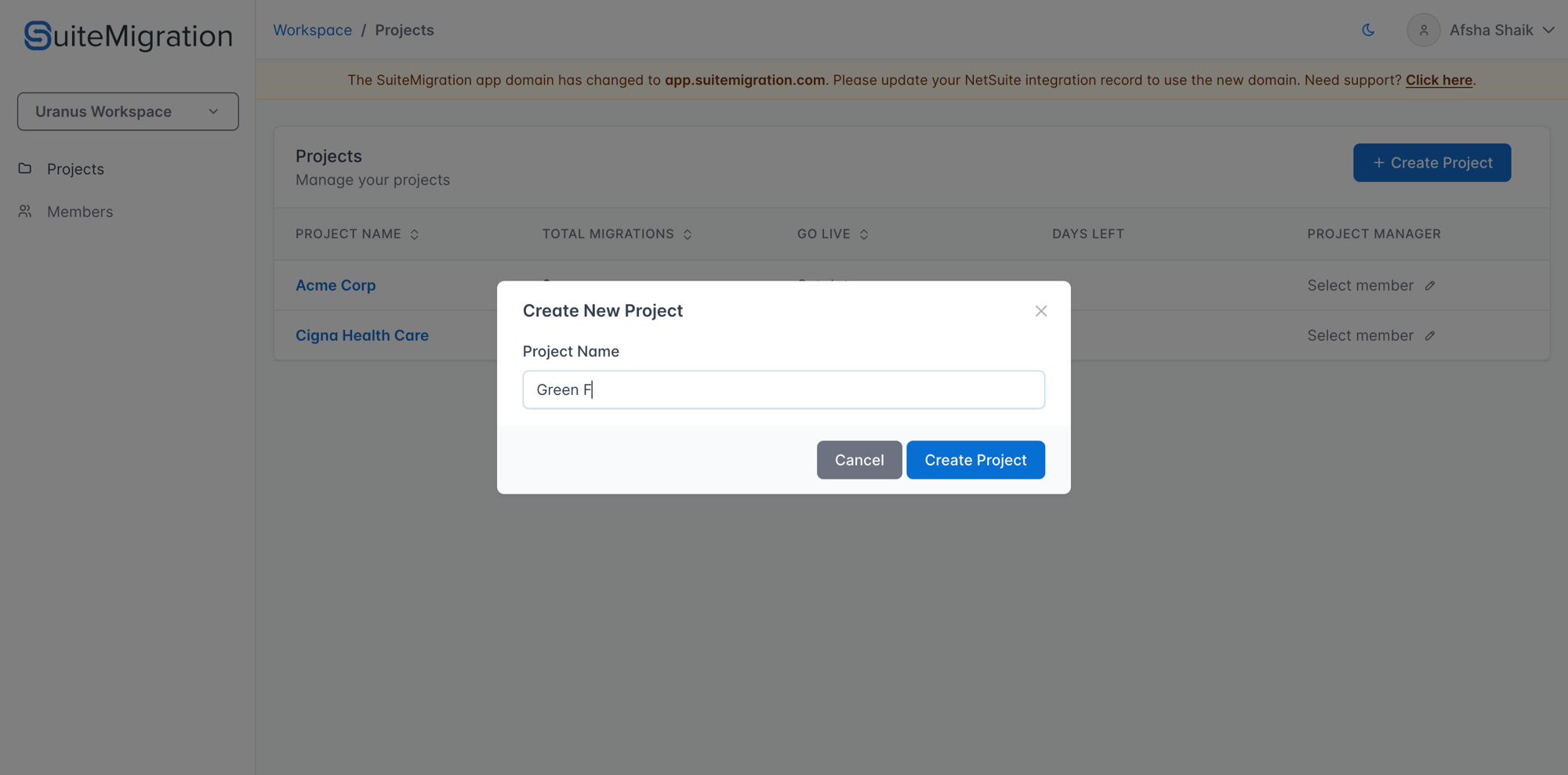Create New Project modal on the Projects page