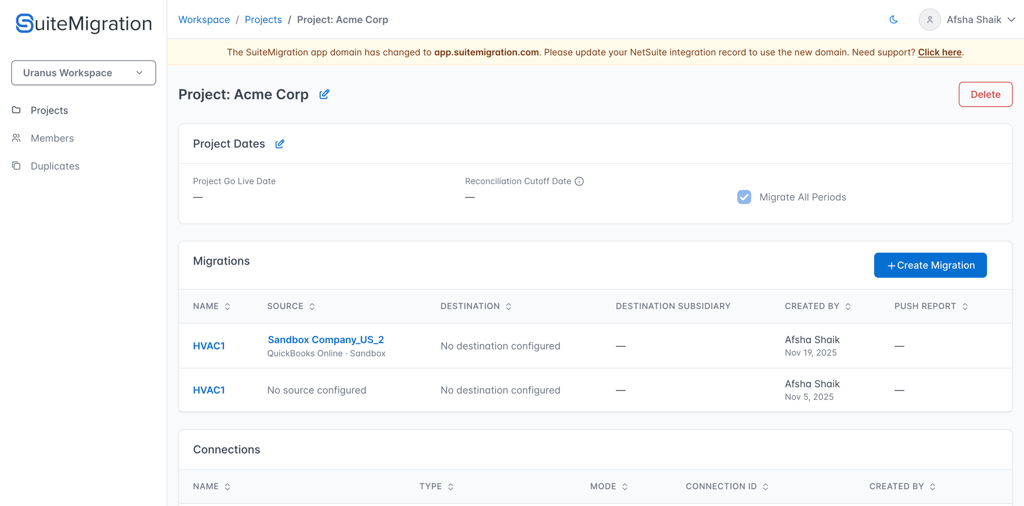 Migrations list on a Project
