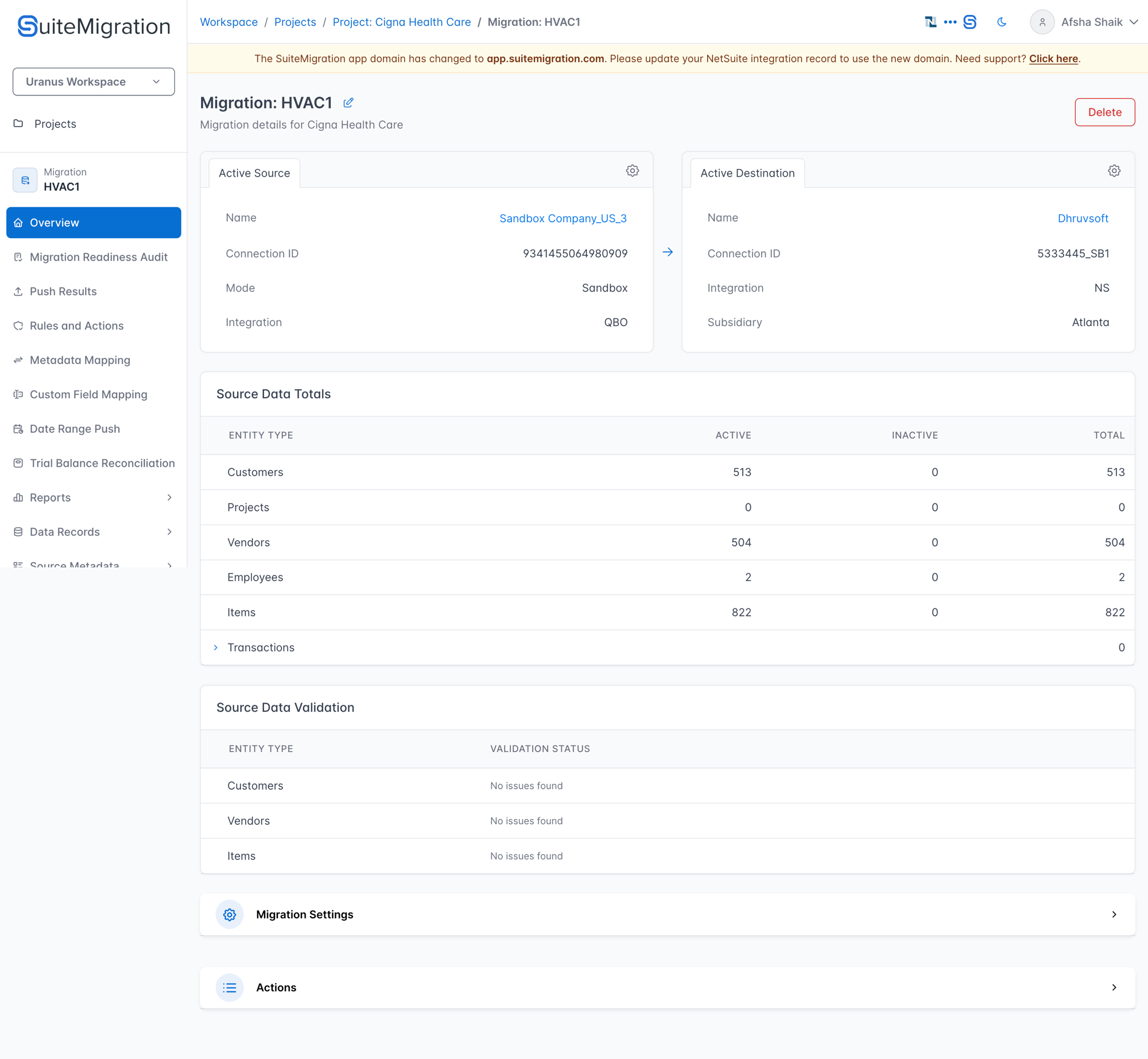 Migration overview page
