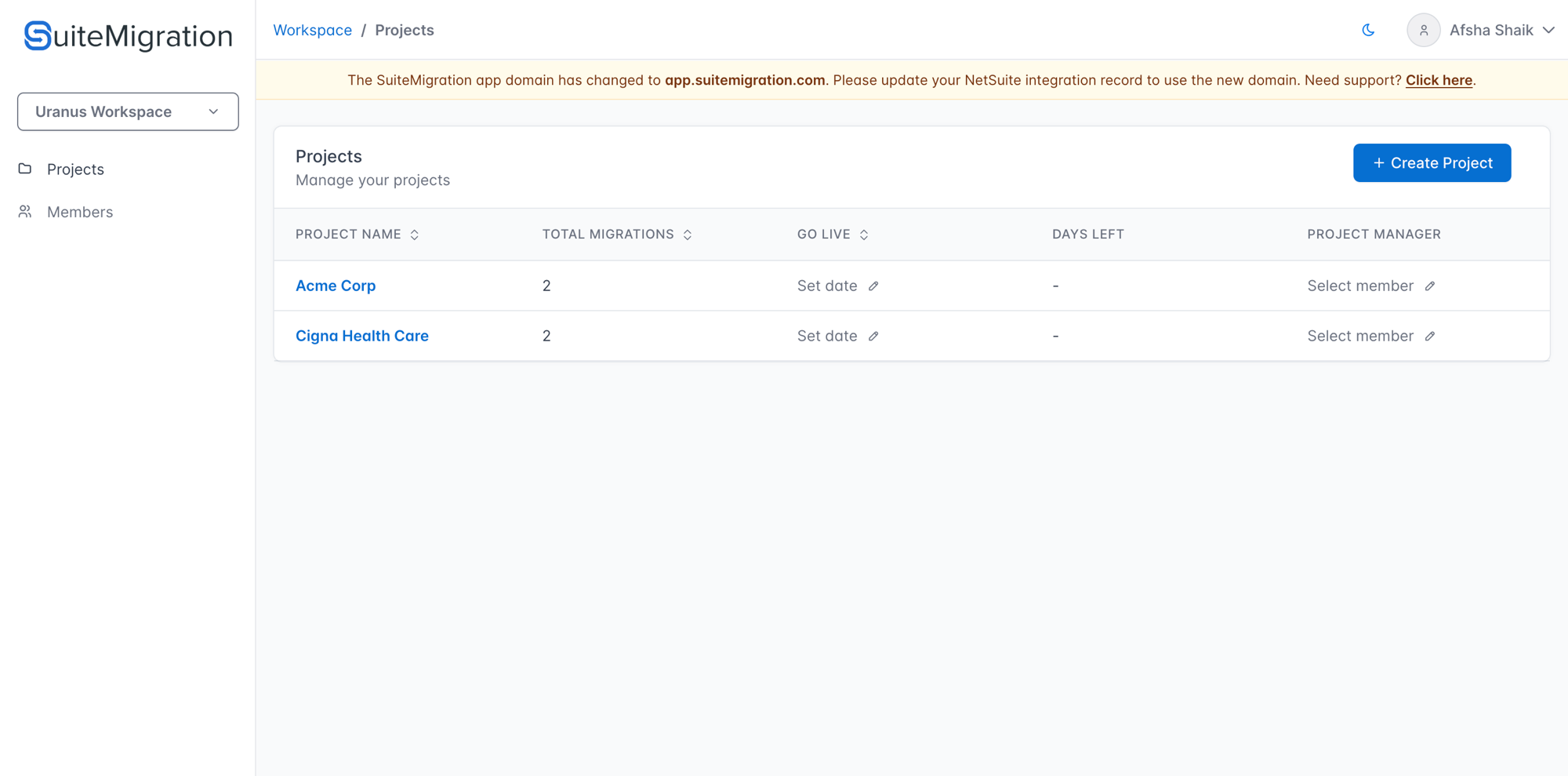 Projects list page