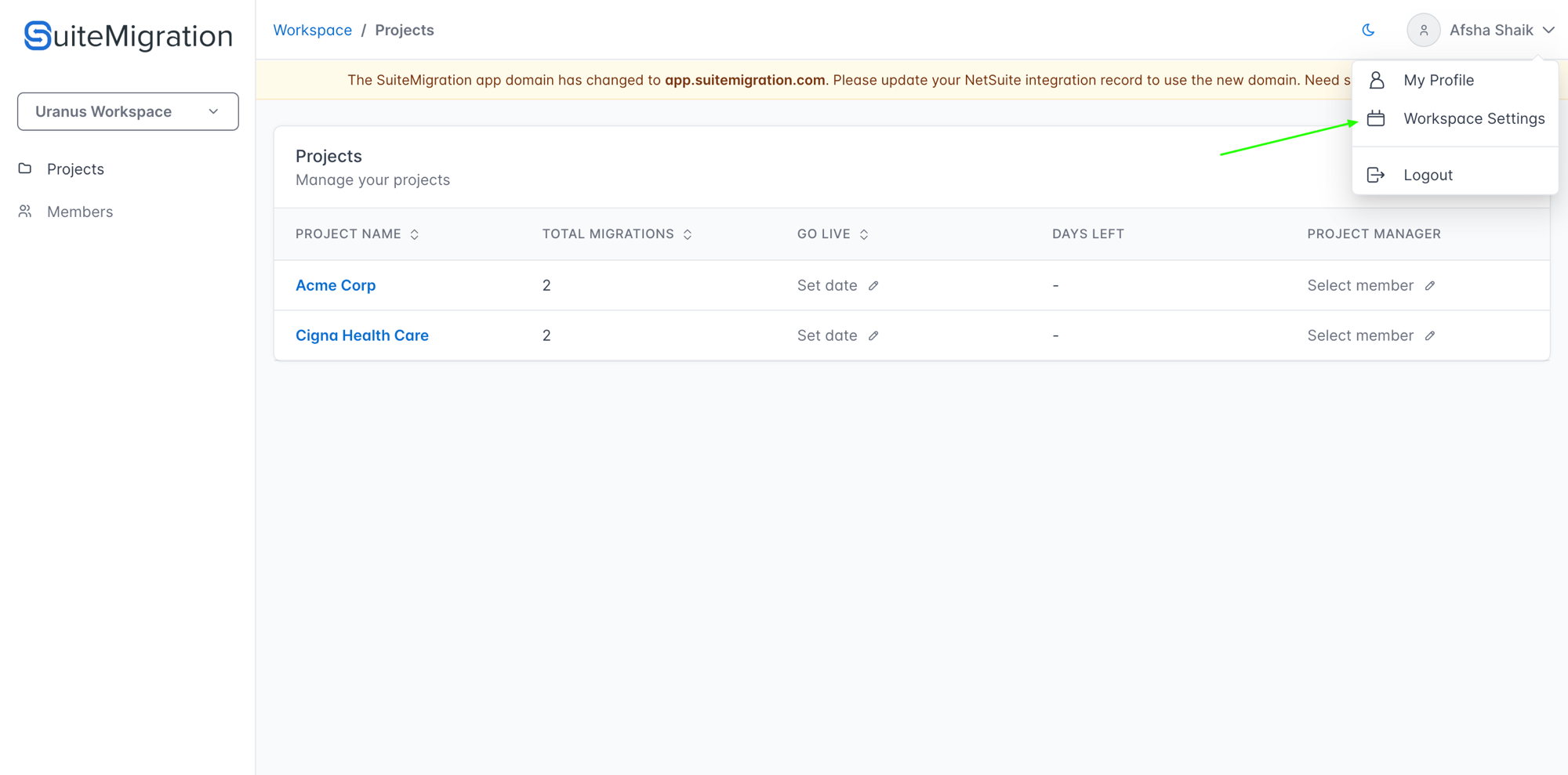 User menu with Workspace Settings option