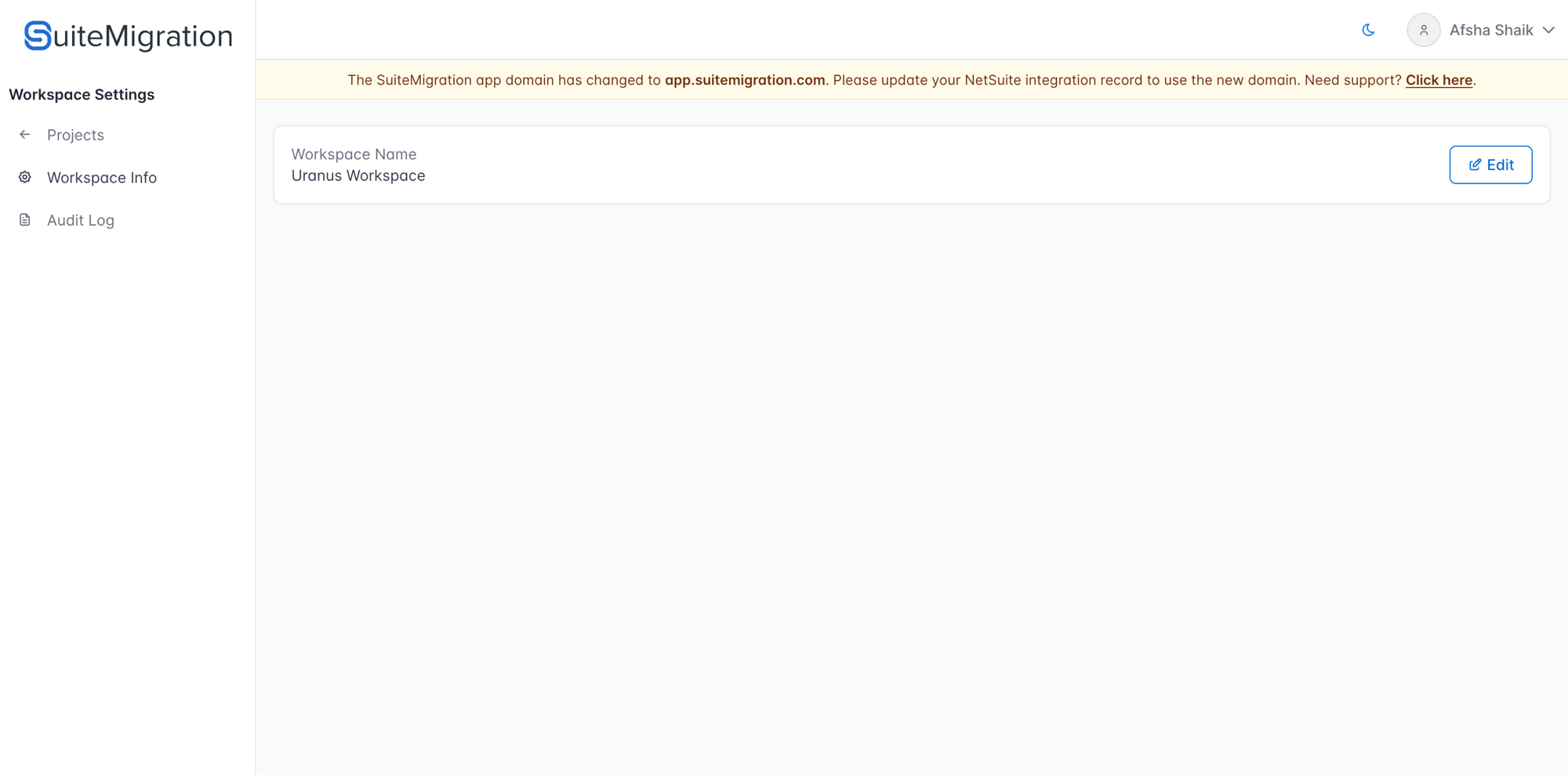 Workspace Settings area, showing Workspace Info and Audit Log tabs