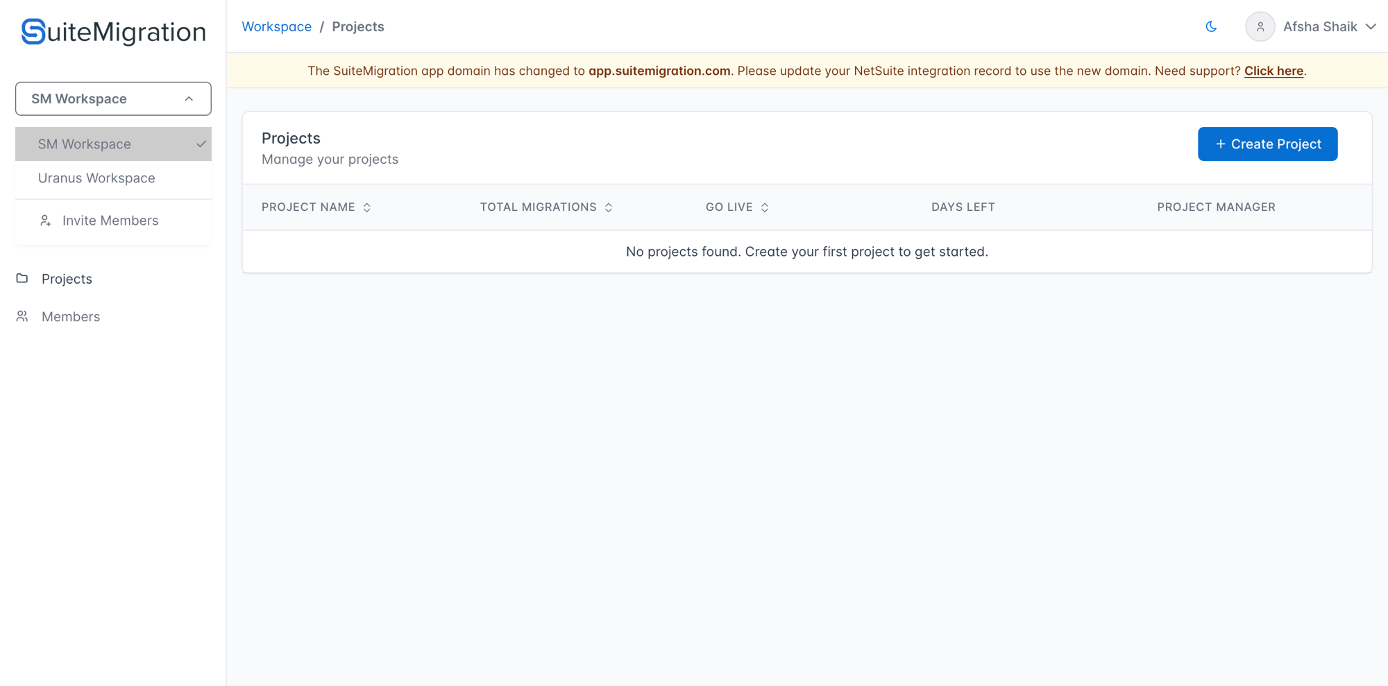 Workspace switcher opened, showing available Workspaces and Invite Members