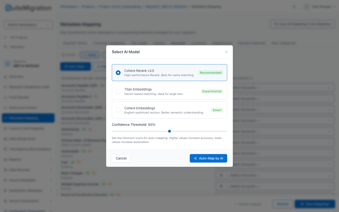 The Select AI Model dialog showing the model options with their badges and the Confidence Threshold slider set to 50%