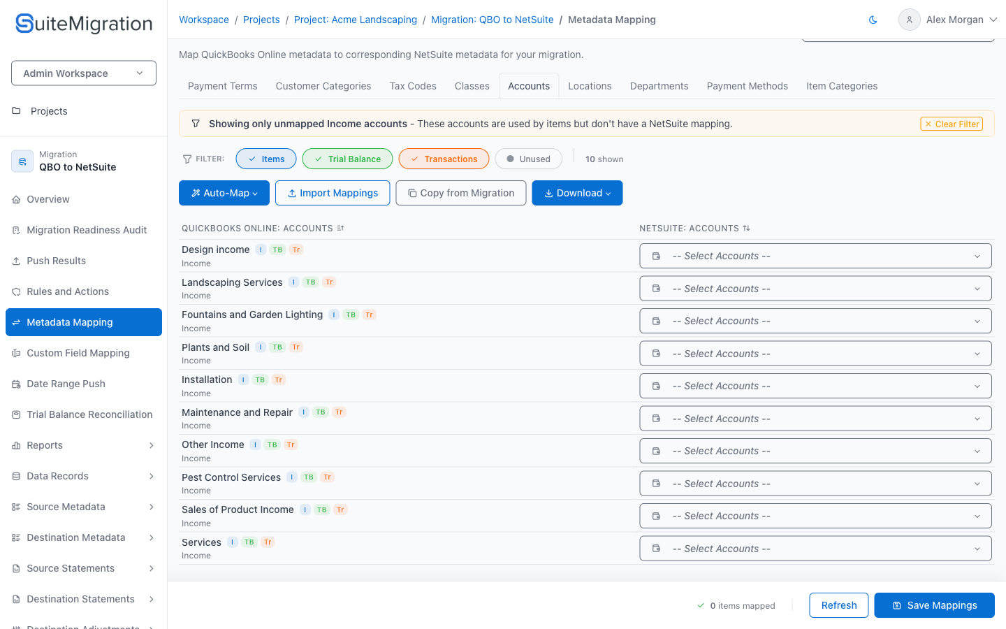 The Accounts tab filtered to unmapped Income accounts, with the yellow filter banner and its Clear Filter button