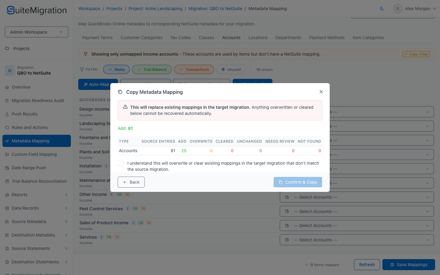 The Copy Metadata Mapping preview, showing the per-type breakdown and the confirmation checkbox