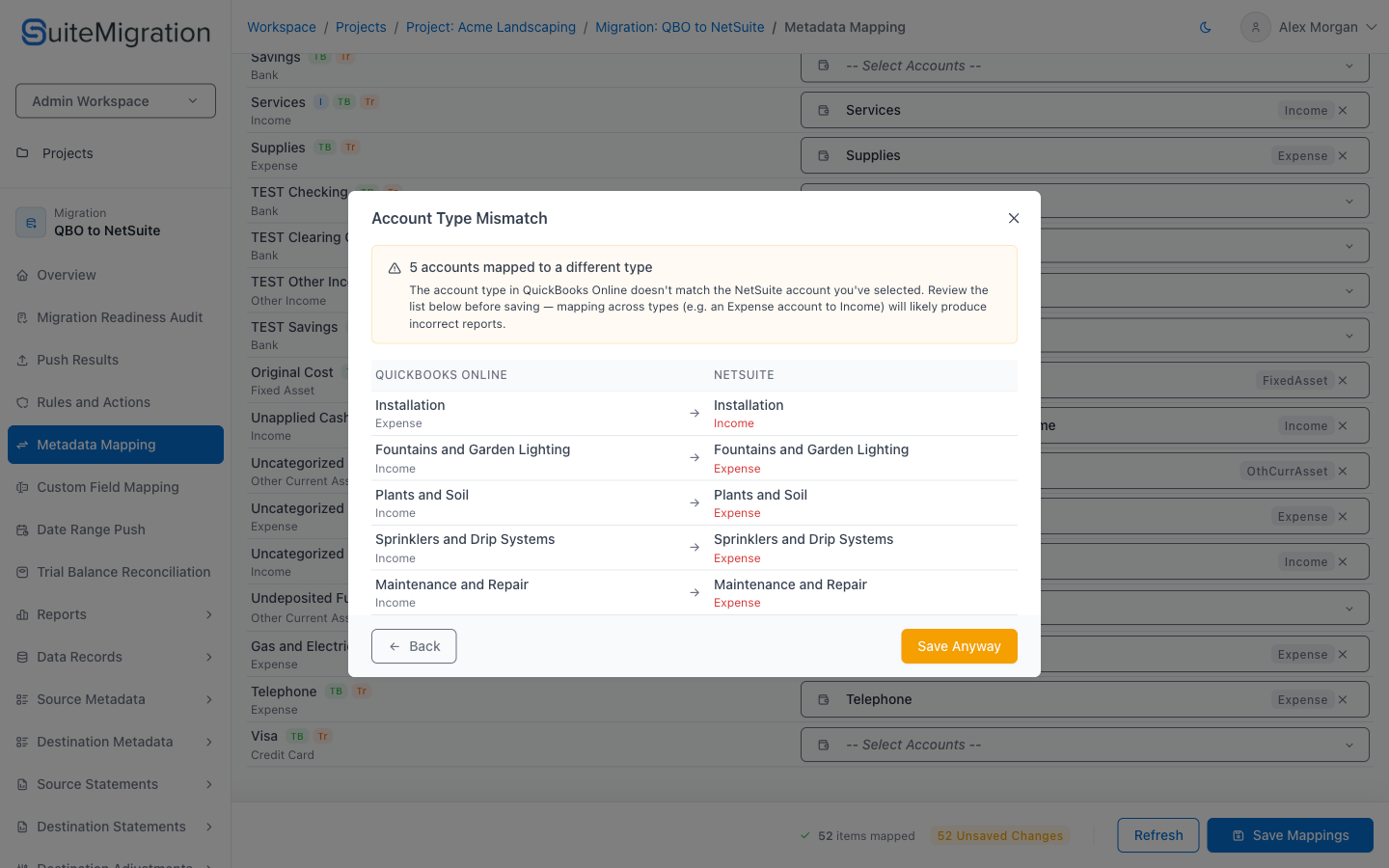 The Account Type Mismatch dialog listing five accounts whose source and NetSuite types differ, with Back and Save Anyway buttons