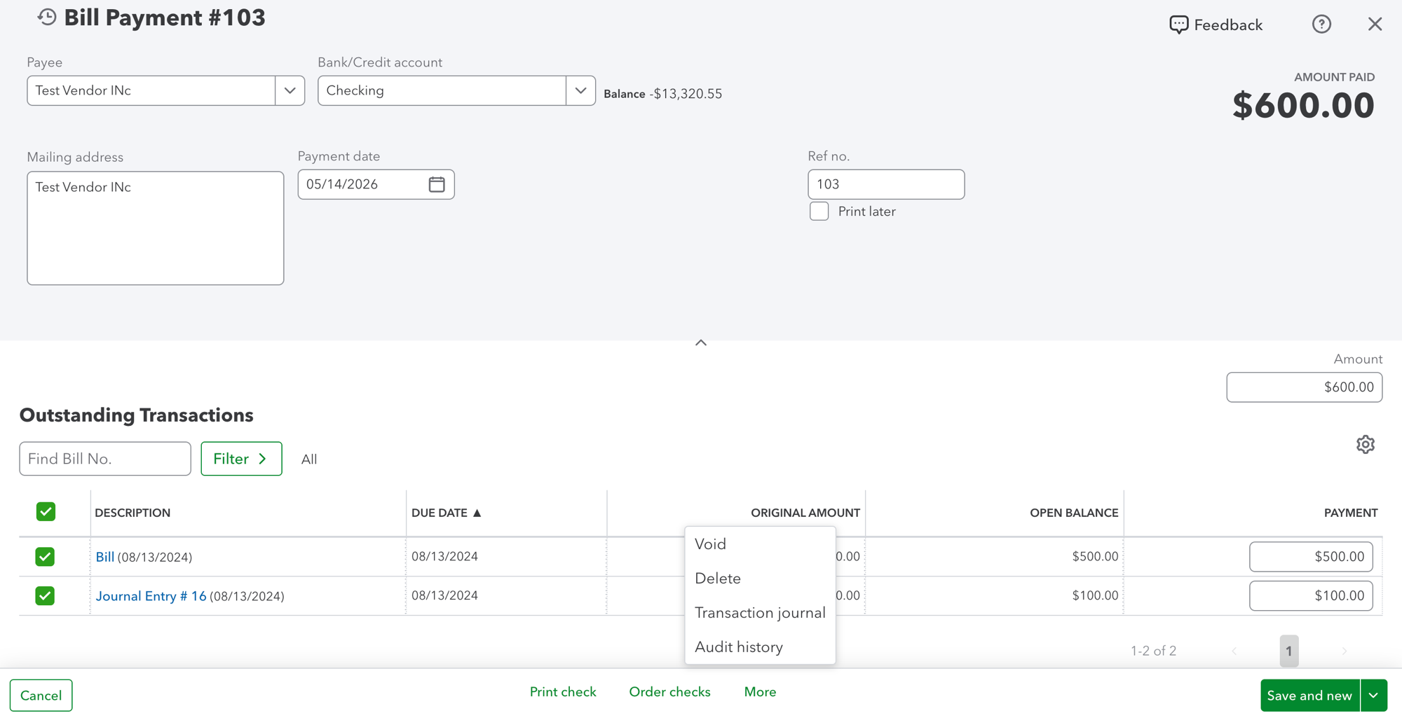 Delete the existing bill payment in QBO
