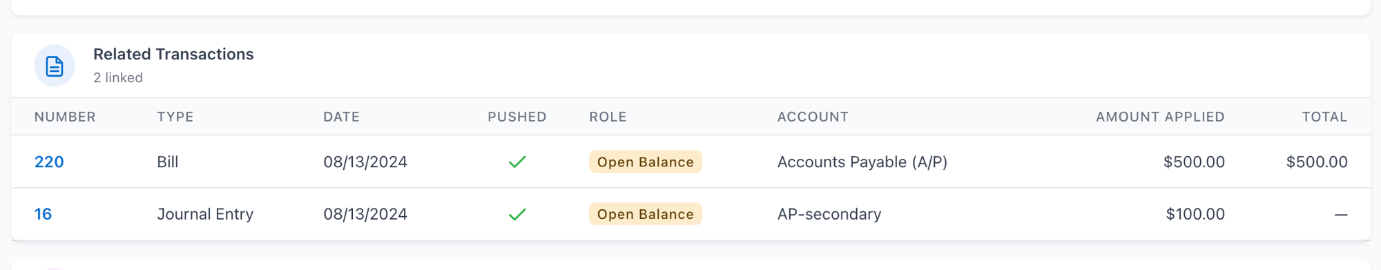 Related Transactions on a vendor-payment record showing two applied documents with different A/P accounts