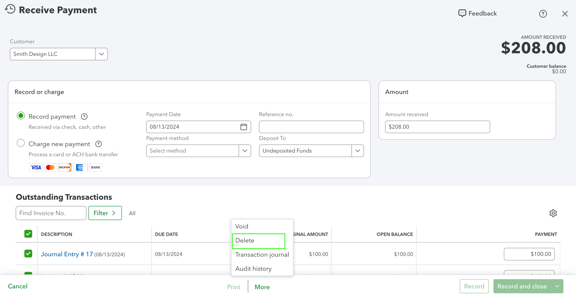 Delete the existing Receive Payment in QBO