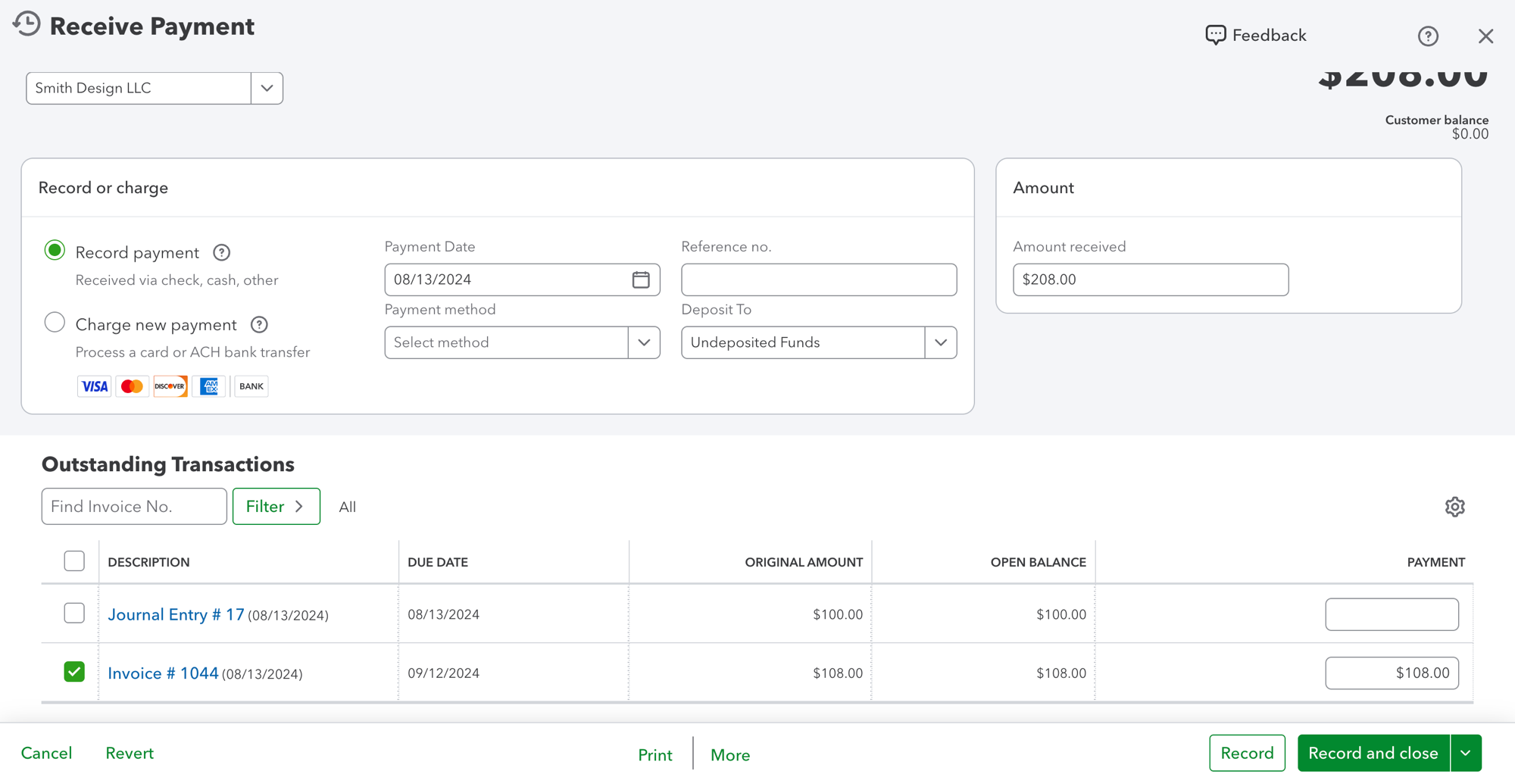 First replacement Receive Payment in QBO — single A/R account