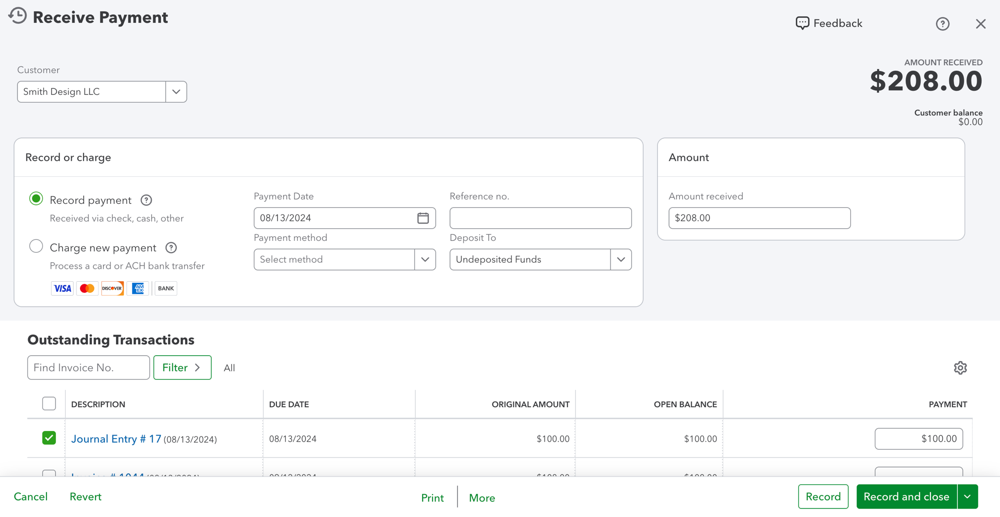 Second replacement Receive Payment in QBO — the other A/R account