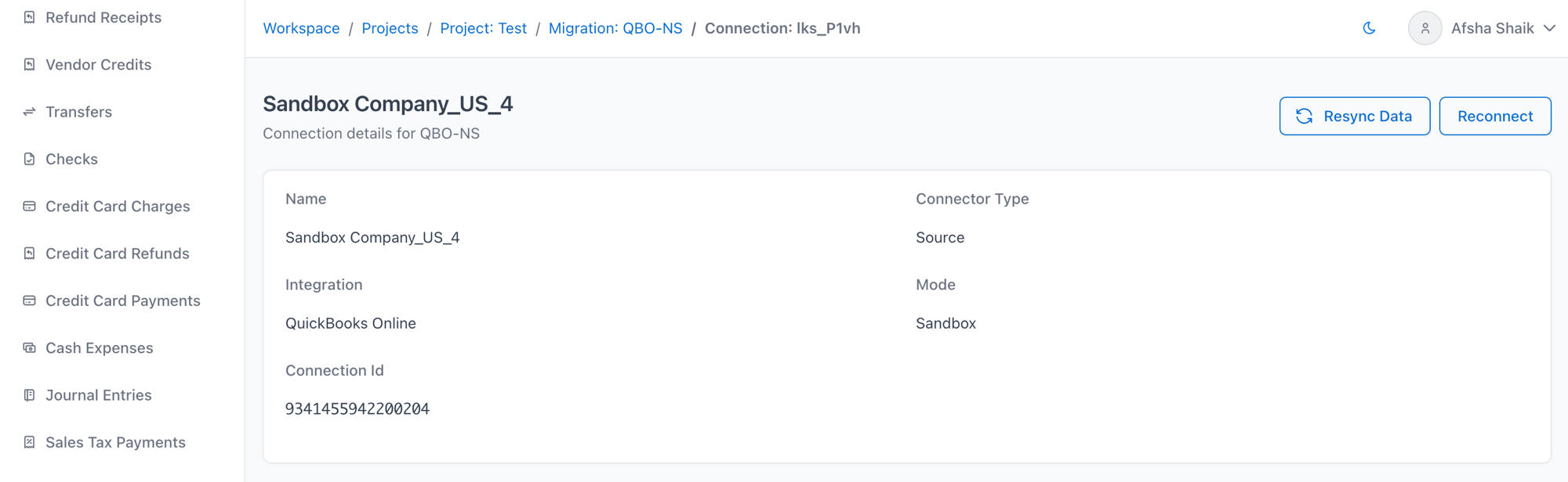Resync Data button on the source connection page in SuiteMigration