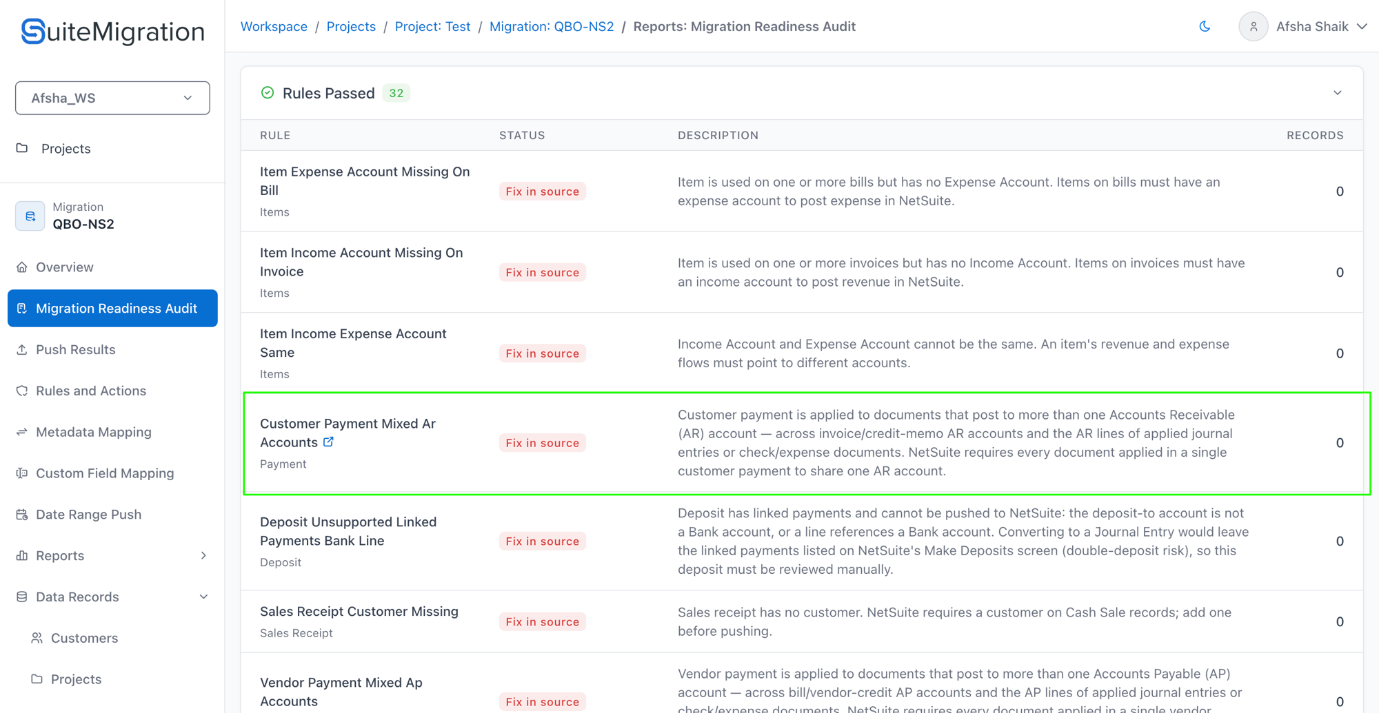 Migration Readiness Audit run showing the rule Passed