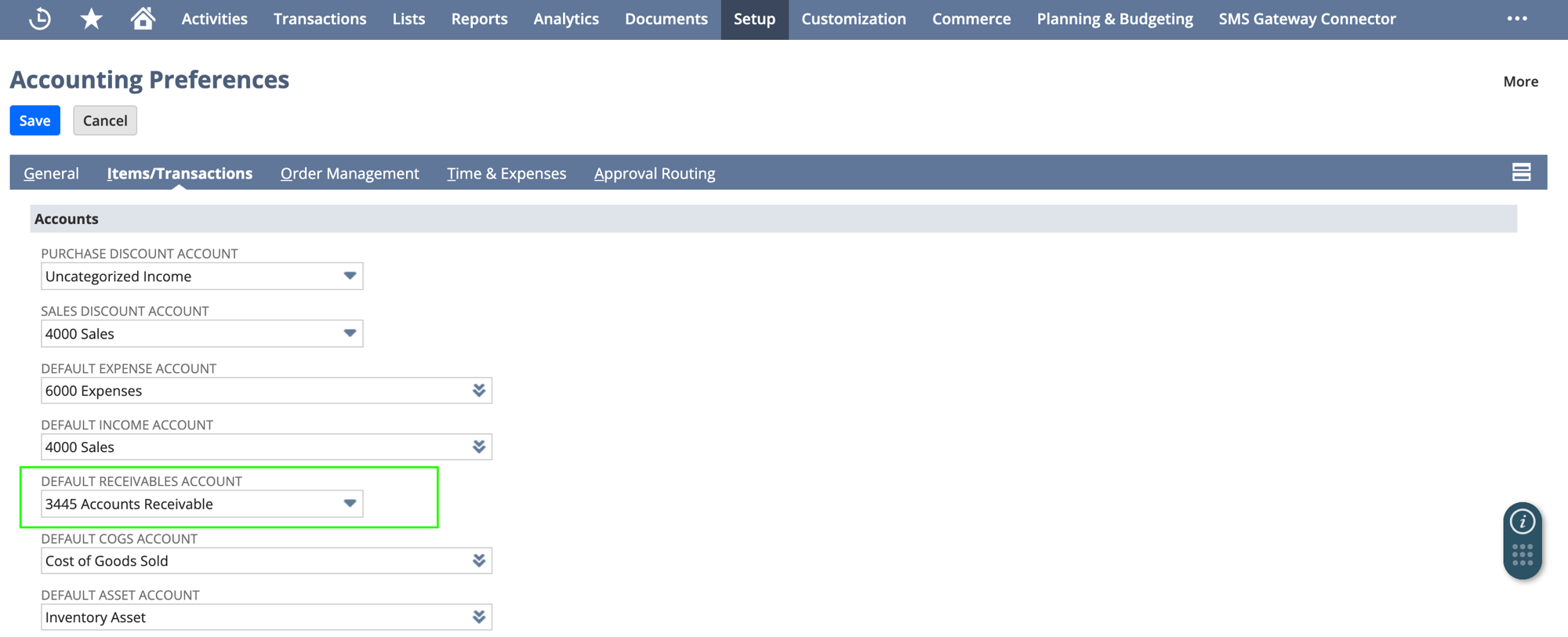 Default Receivables Account under Accounting Preferences → Items/Transactions in NetSuite