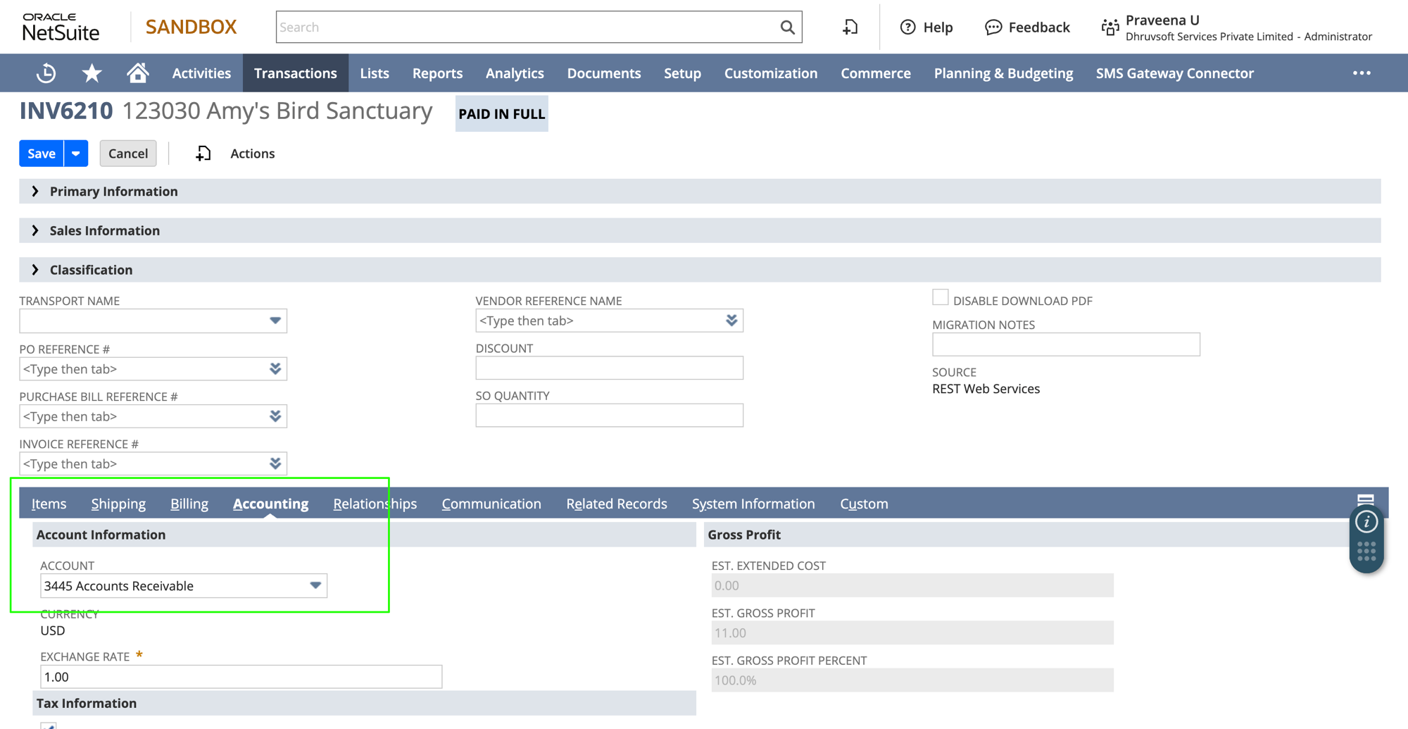 Account field on the Accounting tab of a NetSuite invoice edit screen