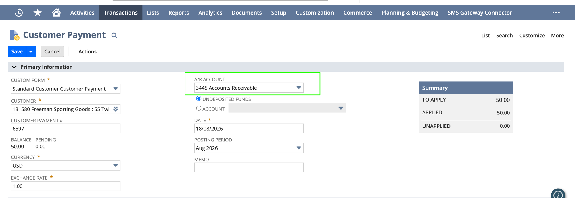 NetSuite Accept Payment screen with the A/R Account field highlighted