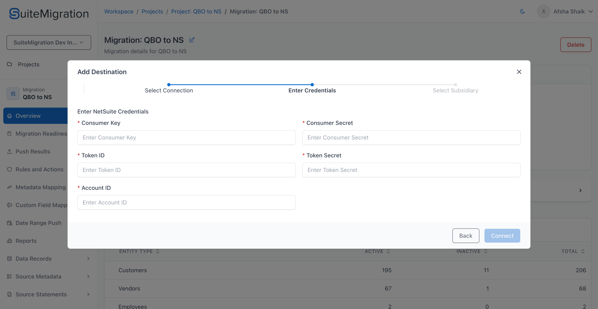 Enter NetSuite credentials in SuiteMigration