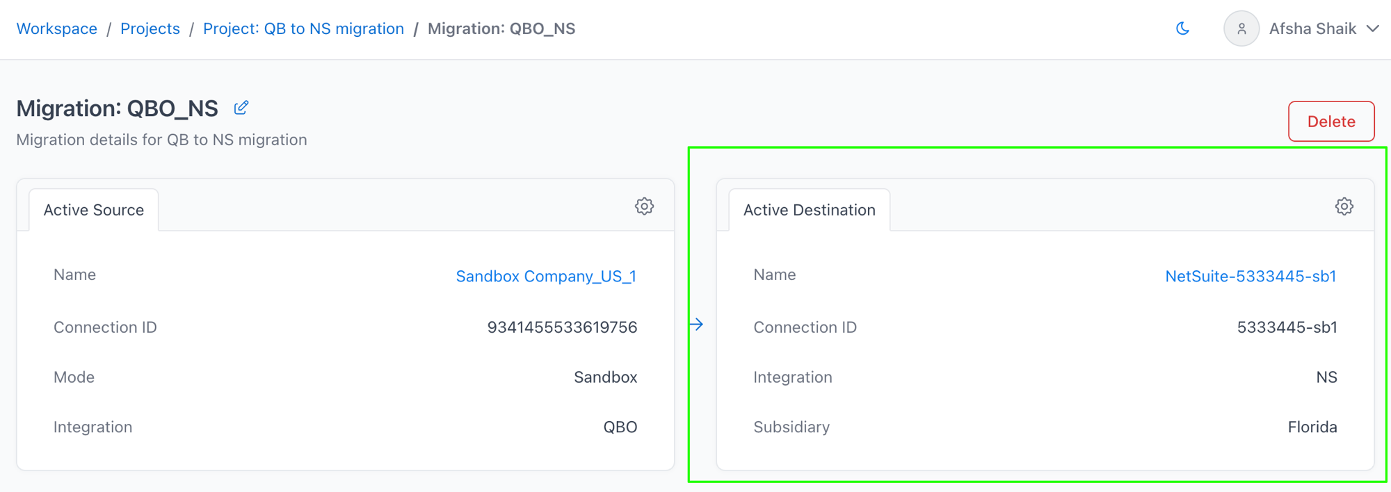 Successful NetSuite connection shown on the migration Overview