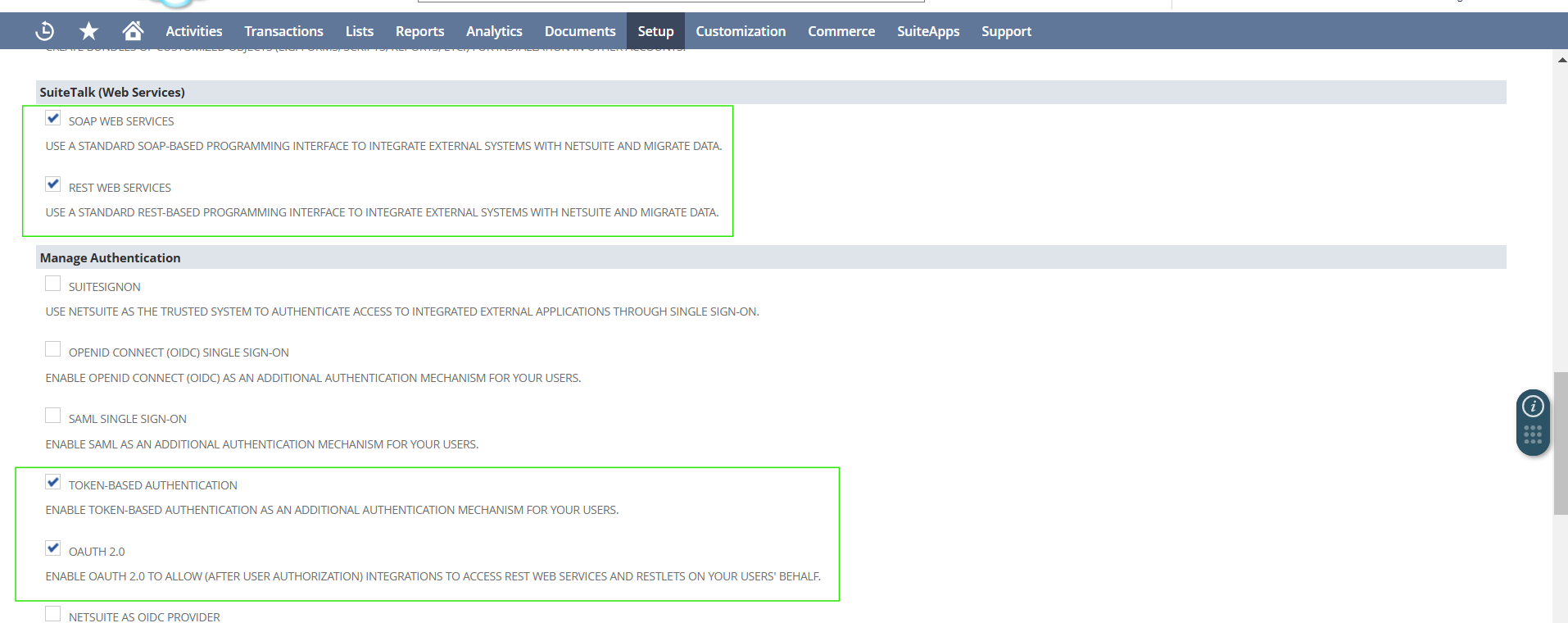 Enable SuiteTalk Web Services and Manage Authentication features