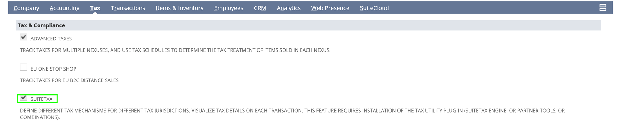 The SuiteTax checkbox in the Tax & Compliance section of the Tax subtab on NetSuite's Enable Features page