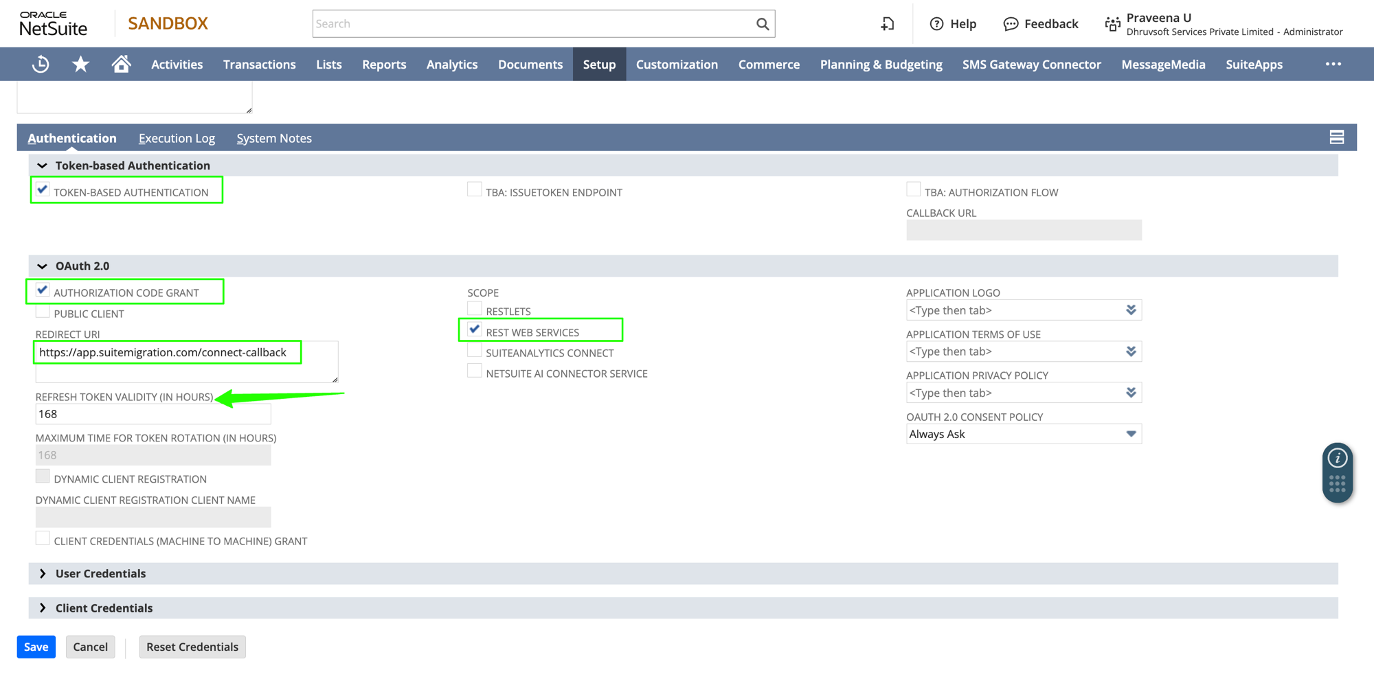 Integration record authentication settings