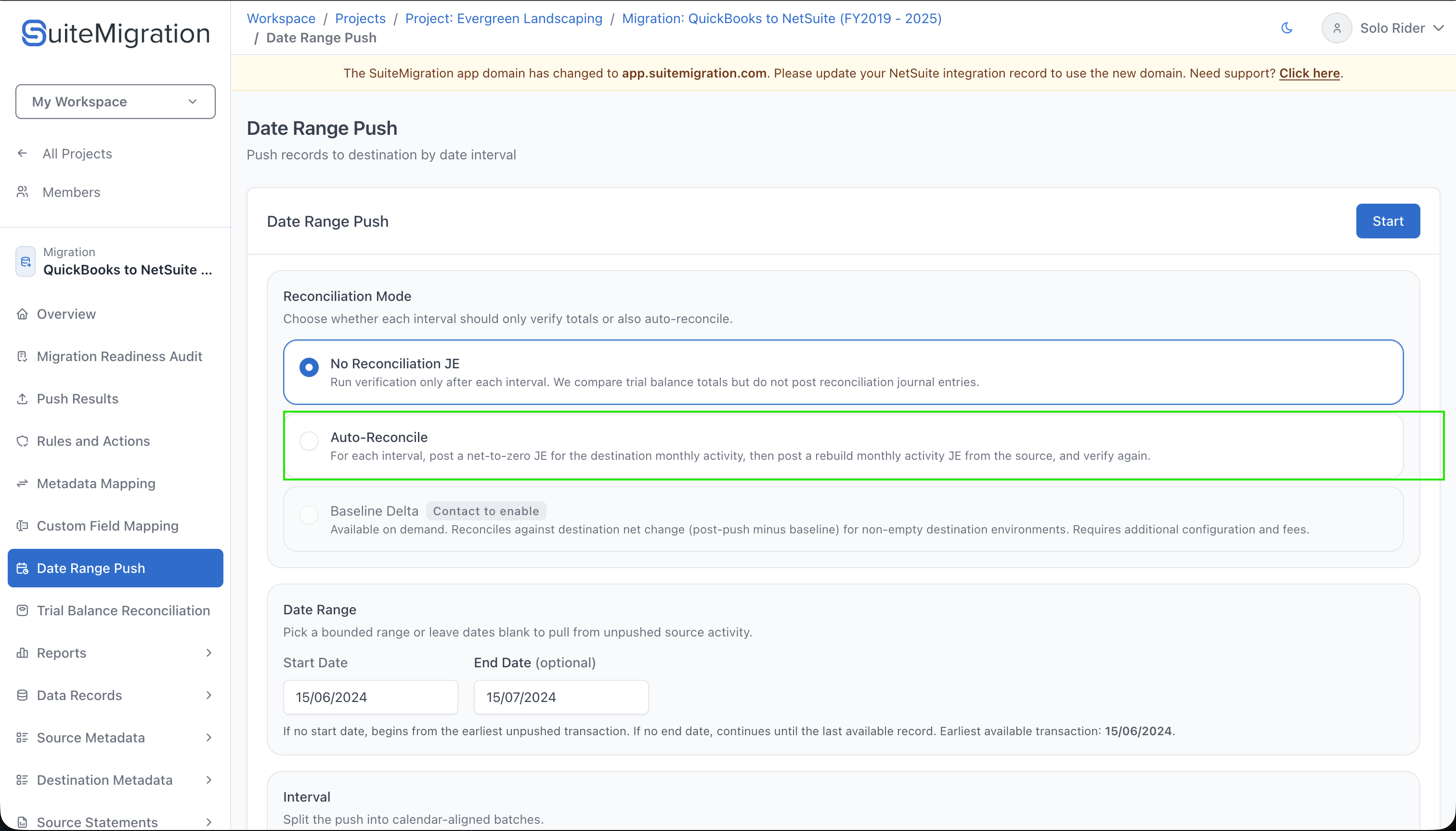 Date Range Push screen in SuiteMigration, where Reconciliation Mode is chosen