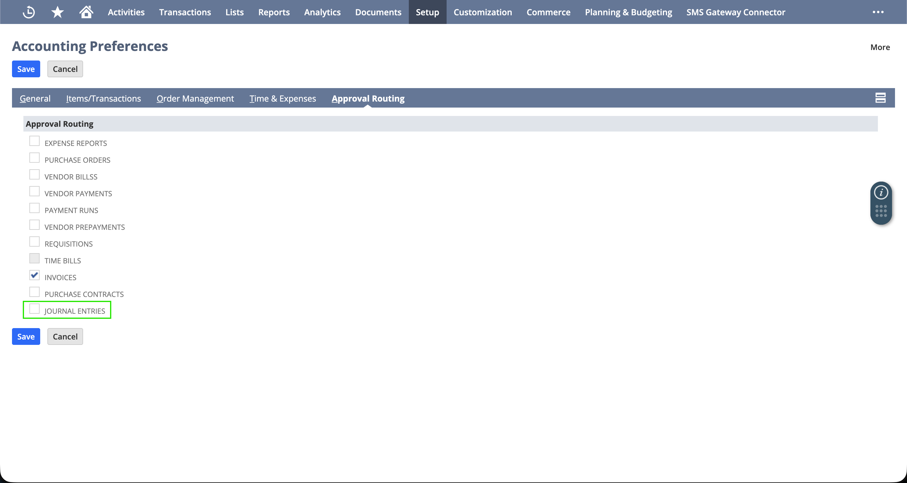 Accounting Preferences, Approval Routing subtab, listing per-record-type approval routing checkboxes including Journal Entries
