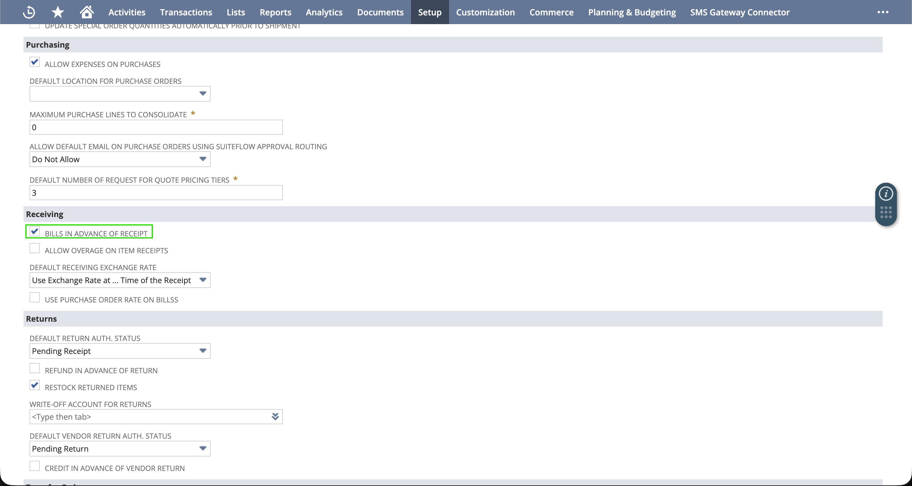 Order Management subtab of Accounting Preferences, Receiving section, with Bills in Advance of Receipt checked
