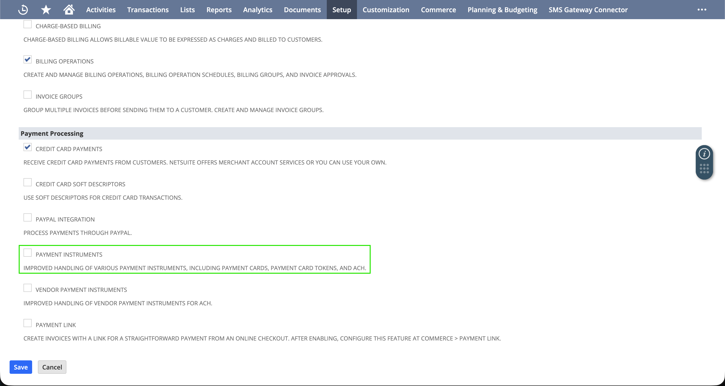 Payment Instruments feature under Enable Features → Transactions in NetSuite