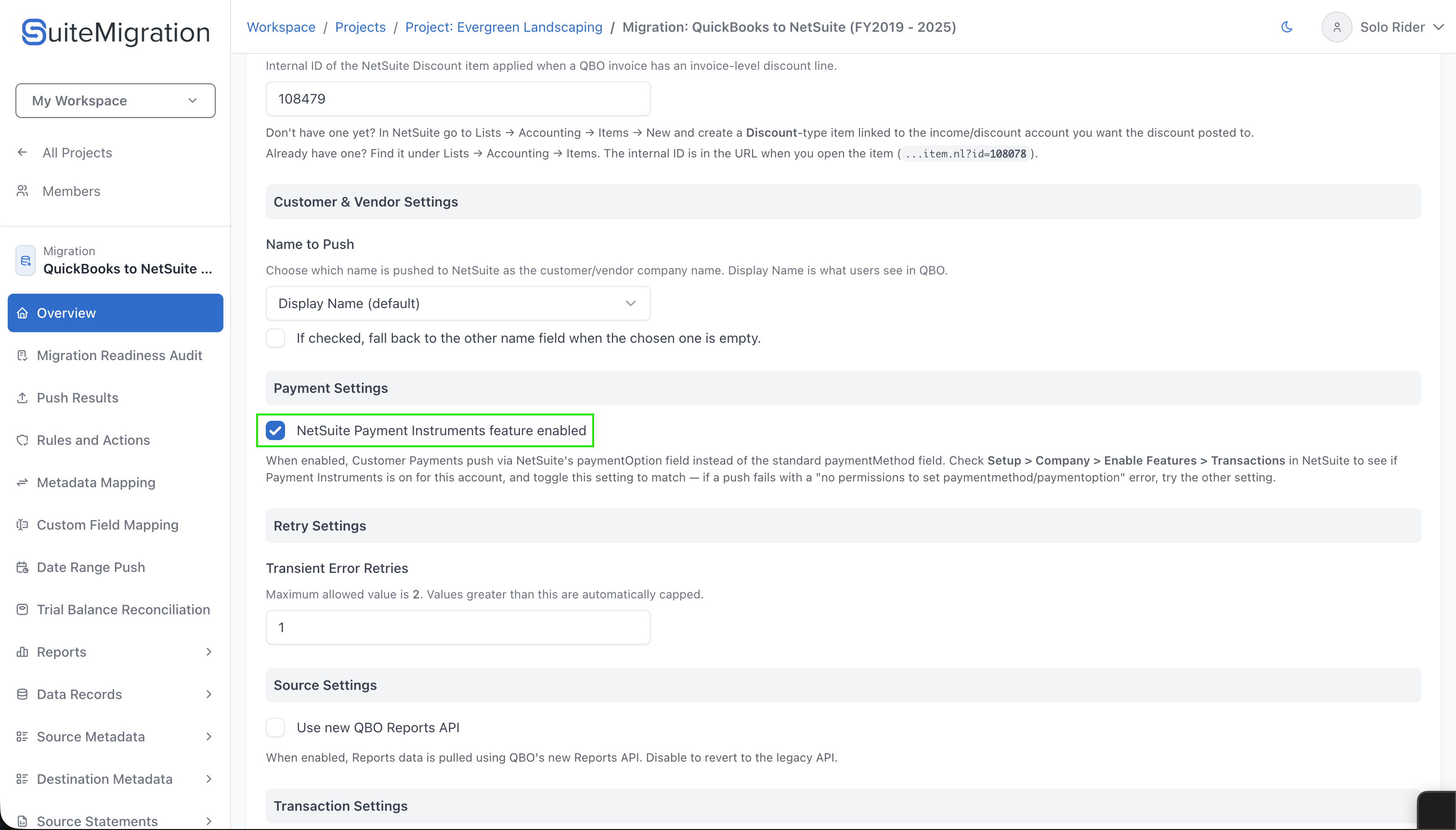 NetSuite Payment Instruments feature enabled toggle under Payment Settings in SuiteMigration's Migration Settings