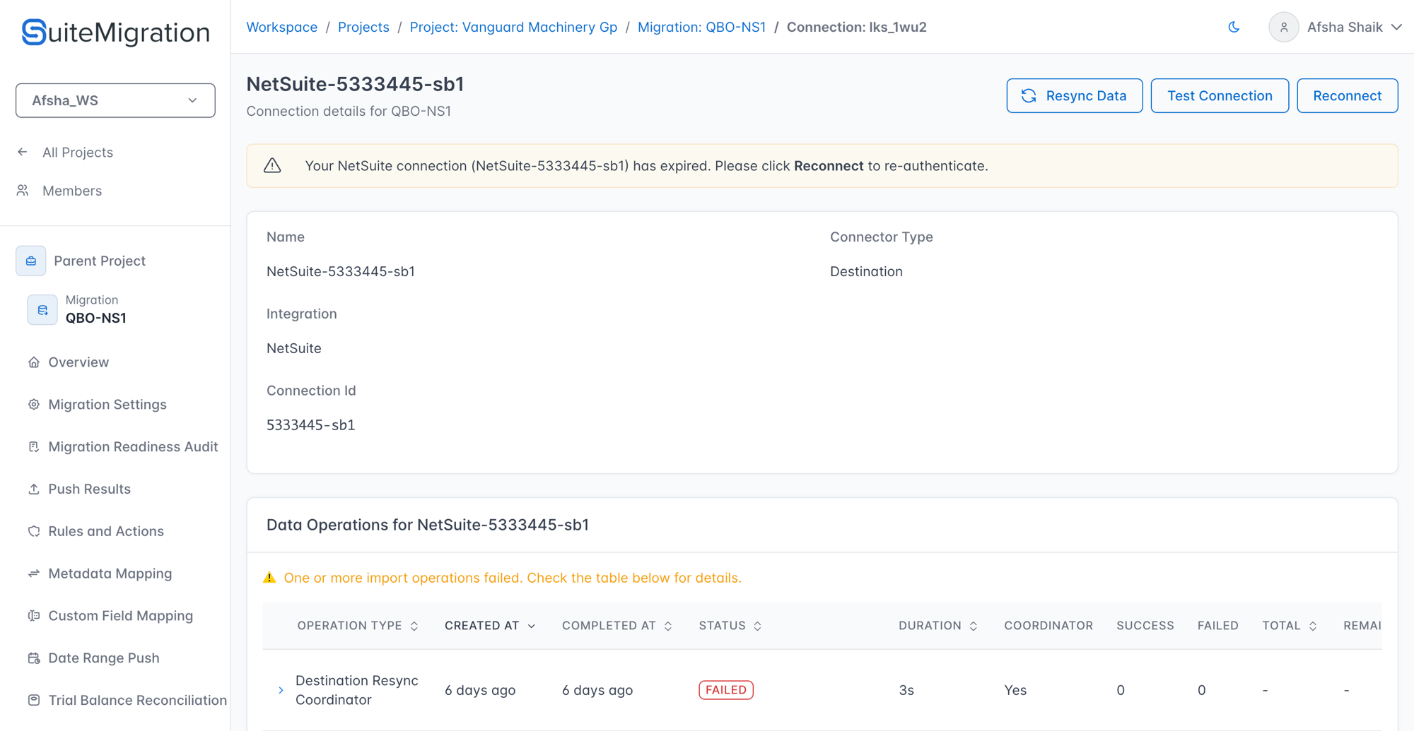 The connection detail page showing the expired token warning banner, the Data Operations table warning, and a Failed Destination Resync Coordinator row