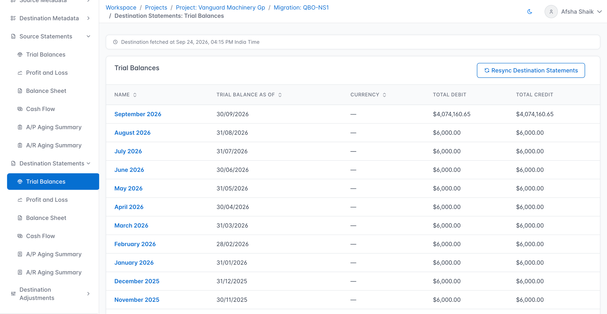 The Destination Statements Trial Balances page with the Resync Destination Statements button at the top right of the table