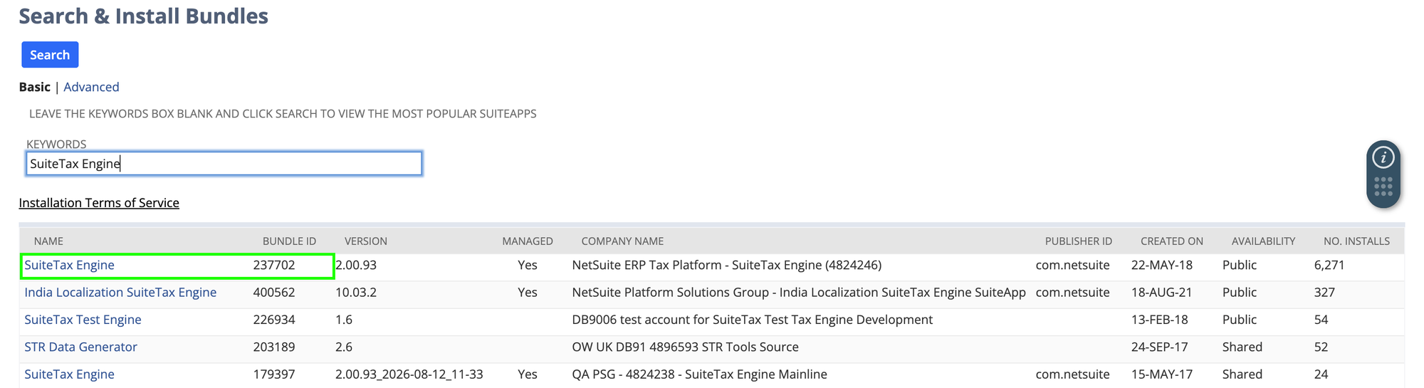 Search results on NetSuite's Search & Install Bundles page with the SuiteTax Engine bundle, Bundle ID 237702, in the first row