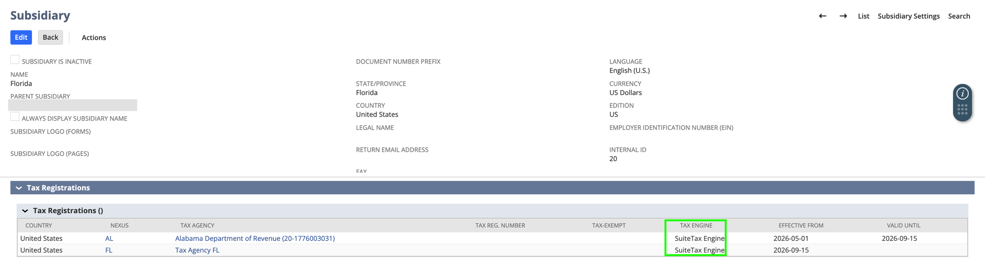 The Subsidiary record's page header alongside its Tax Registrations sublist, with a Tax Engine column set to SuiteTax Engine on two United States tax registrations