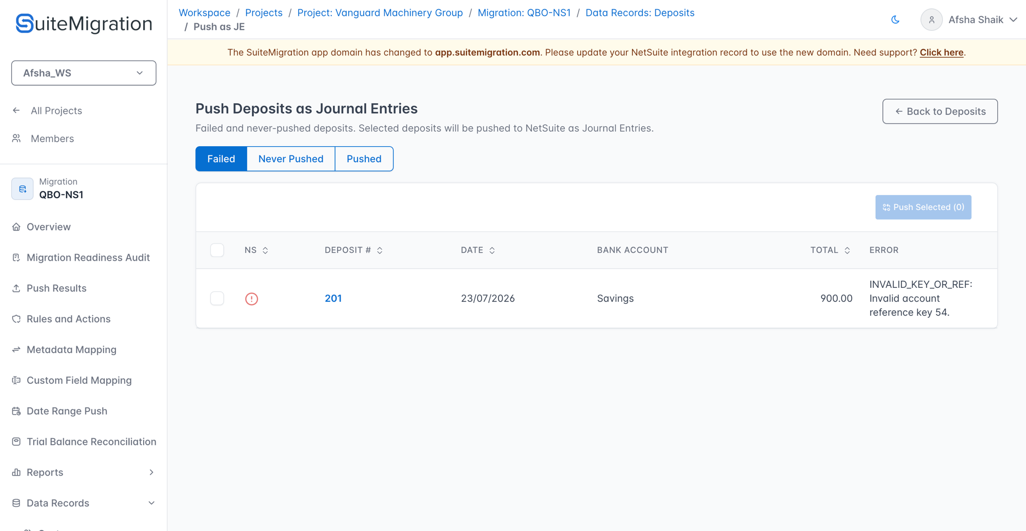 Push Deposits as Journal Entries page on the Failed tab, showing a deposit with an "INVALID_KEY_OR_REF: Invalid account reference key" error