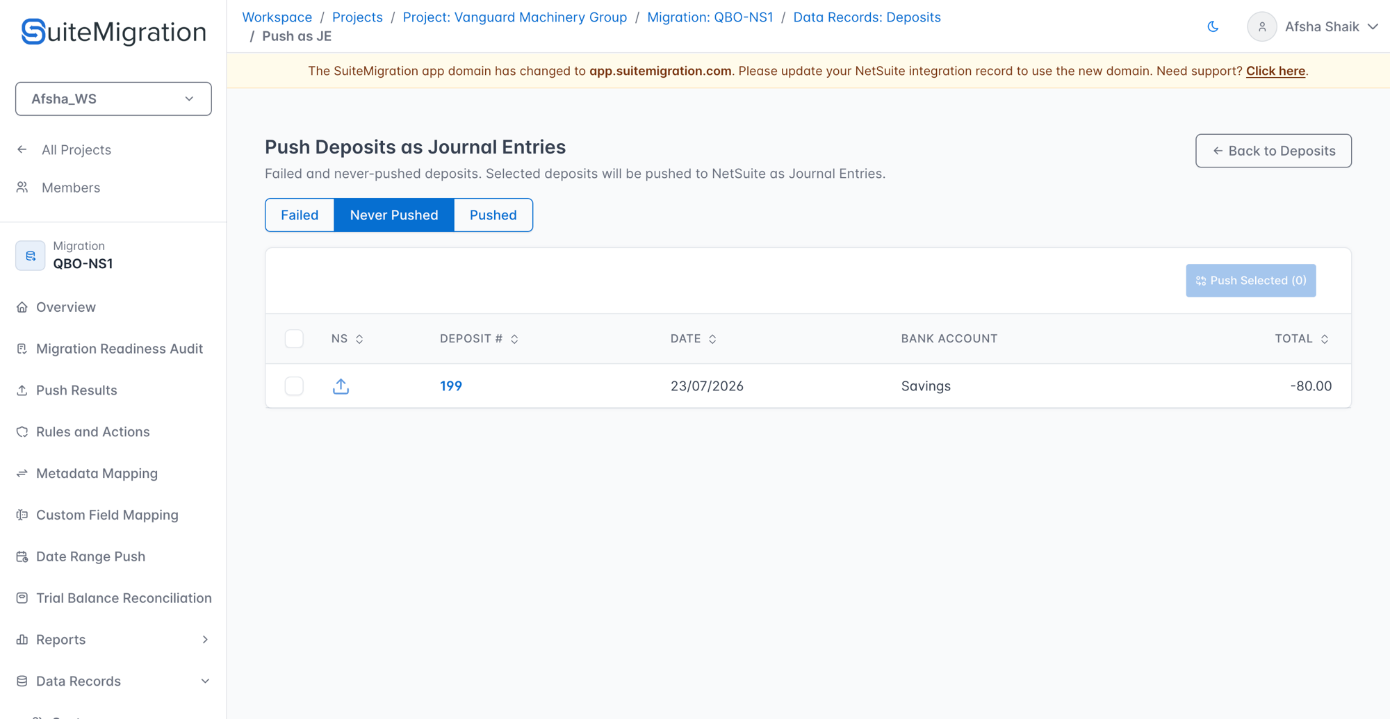 Push Deposits as Journal Entries page on the Never Pushed tab, showing a deposit with a Push Selected button