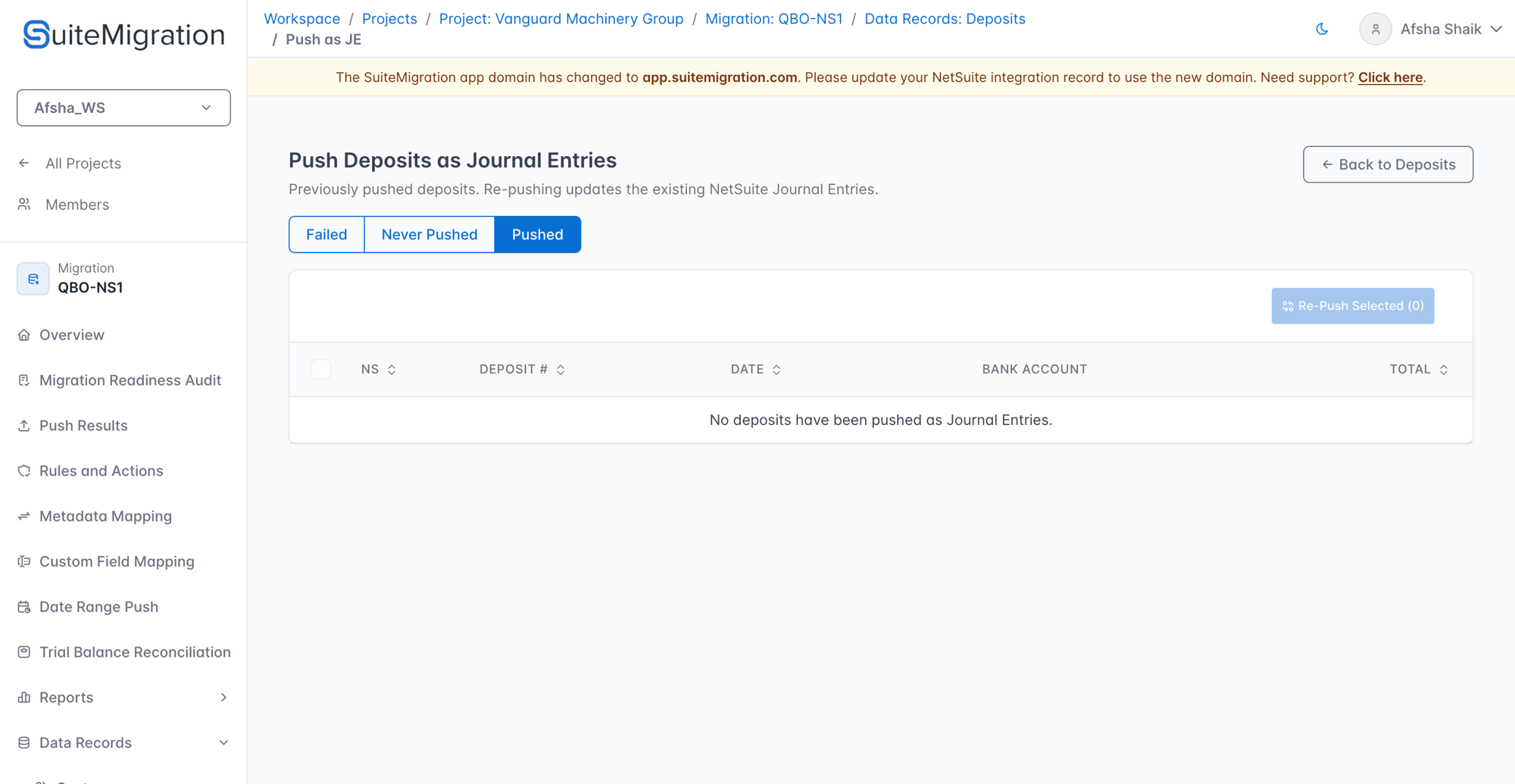 Push Deposits as Journal Entries page on the Pushed tab, showing the Re-Push Selected button and an empty state when no deposits have been pushed as Journal Entries