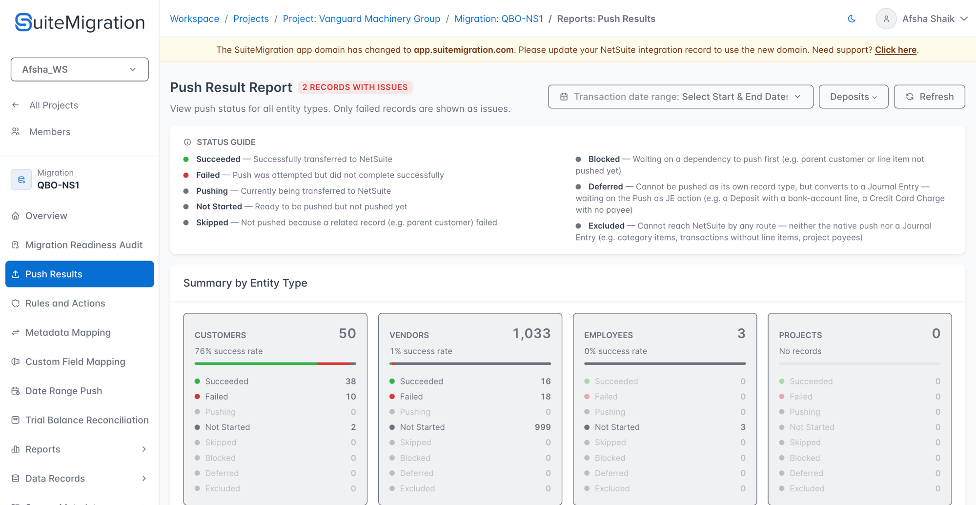 Push Result Report page showing the Status Guide, the entity-type dropdown next to the date range, and the Summary by Entity Type cards