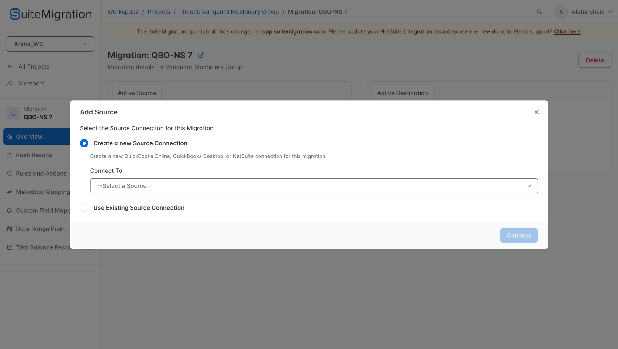 Add Source modal with the Connect To dropdown