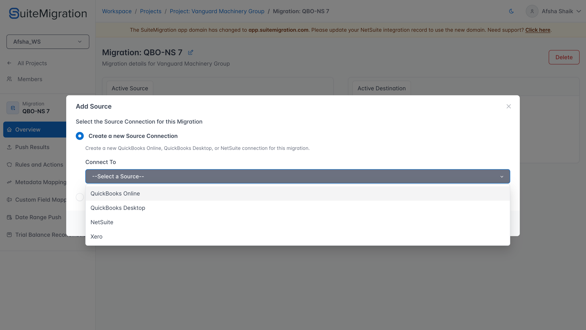 Connect To dropdown expanded showing QuickBooks Online, QuickBooks Desktop, NetSuite, and Xero