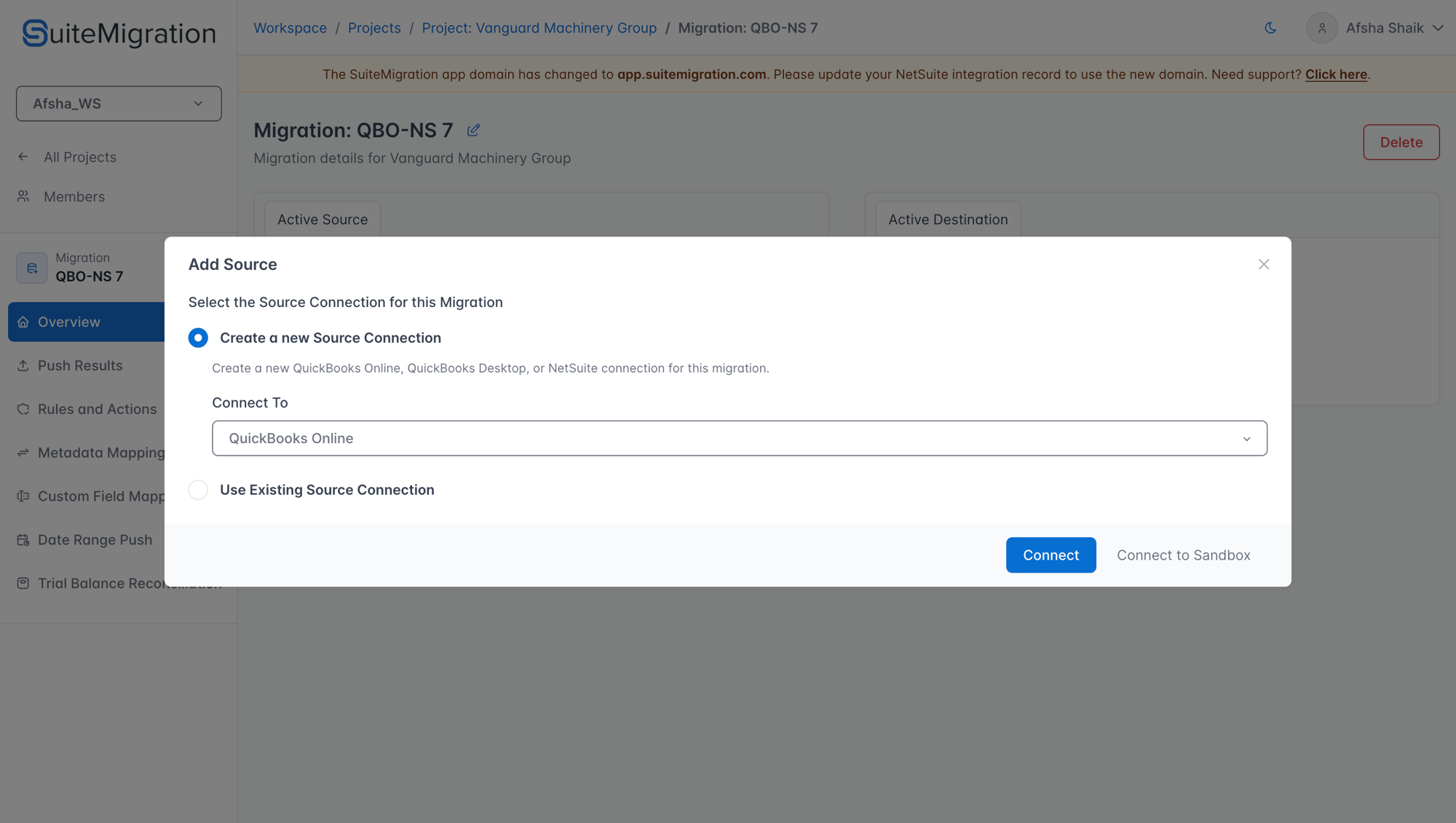 Add Source modal with QuickBooks Online selected, showing the Connect and Connect to Sandbox buttons
