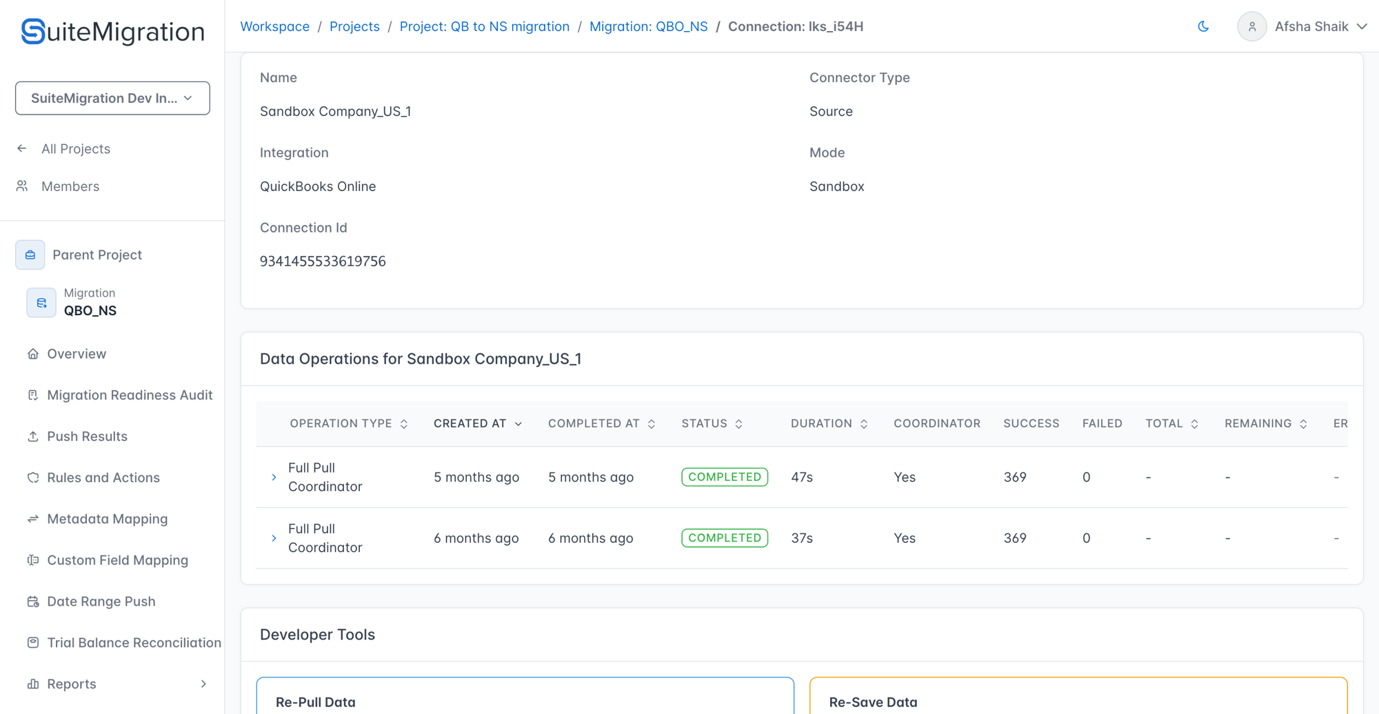 Connection detail page showing completed Data Operations rows with Resync Data and Reconnect buttons